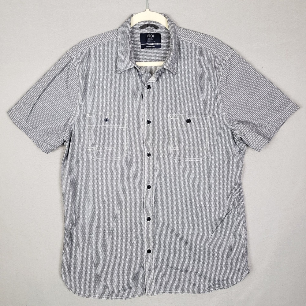 1901 Fairview Wash Short Sleeve Button Up Blue Geo Line Print 100% Cotton Size L
